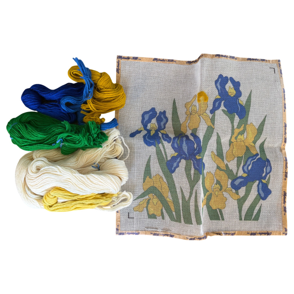 STARTED Alexandra Hill Needlepoint Canvas Iris Floral Vintage Partial Project